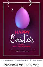 Easter background template. 3D colored egg and copy space frame on black backdrop. Editable vector illustration.
