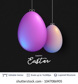 Easter background template. 3D colored eggs on black backdrop. Editable vector illustration.