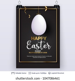 Easter background template. 3D egg and copy space frame on dark backdrop. Editable vector illustration.