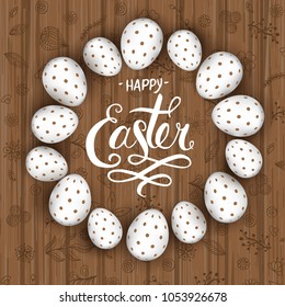 Easter background template with beautiful colorful spring flowers and eggs. Vector illustration.