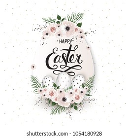 Easter background template with beautiful colorful spring flowers and eggs. Vector illustration.