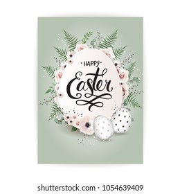 Easter background template with beautiful colorful spring flowers and eggs. Vector illustration.