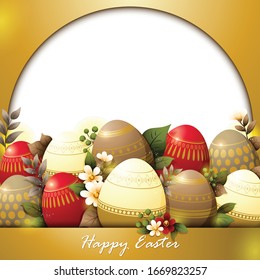 Easter background template with beautiful flowers and eggs. Vector illustration.