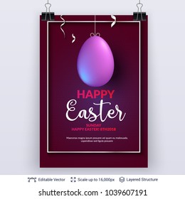 Easter background template. Colored egg and copy space frame on dark backdrop. Editable vector illustration.