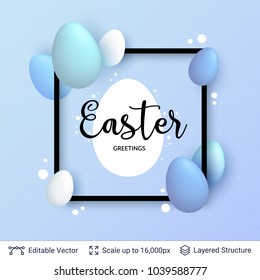 Easter background template. Colored eggs and copy space frame on blue backdrop. Editable vector illustration.