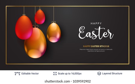 Easter background template. Colored eggs and copy space frame on black backdrop. Editable vector illustration.