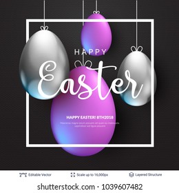 Easter background template. Colored eggs and copy space frame on black backdrop. Editable vector illustration.