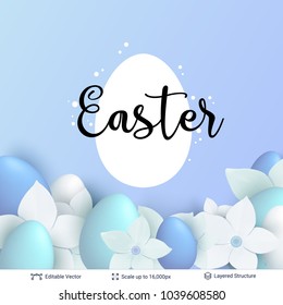 Easter background template. Colored eggs and flowers on blue backdrop. Editable vector illustration.