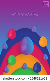 Easter background template with colorful glossy eggs illustration in flat paper art style