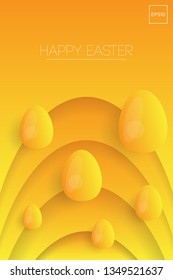 Easter background template with glossy golden eggs illustration in flat paper art style