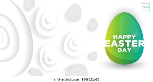 Easter background template with green glossy eggs illustration in white flat paper art style
