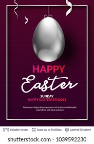 Easter background template. Silver colored egg and copy space frame on black backdrop. Editable vector illustration.