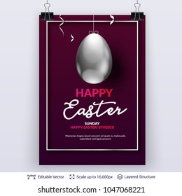 Easter background template. Silver colored egg and copy space frame on dark backdrop. Editable vector illustration.