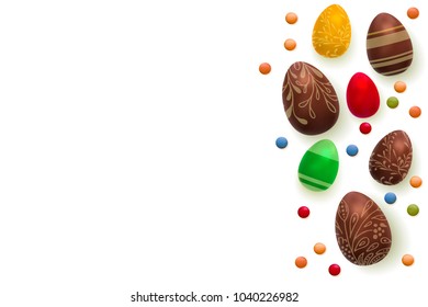 Easter background. Template vector card with realistic 3d render eggs, candies. Copyspace for your text. isolated over white.