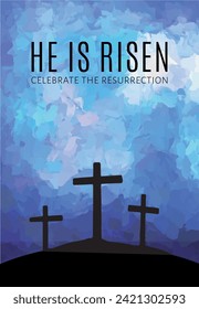 Easter background with the text 'He is Risen' and three crosses on blue abstract backdrop.