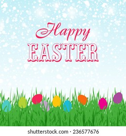 Easter background with text in the sky and  different colors painted Easter Eggs in the green grass. 