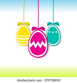 Easter background with three hanging colorful Easter Eggs. Vector illustration.