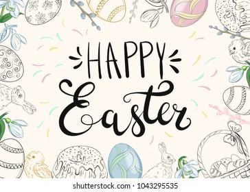 Easter background with traditional decorations. Easter greeting with colored eggs, festive cake, rabbit, etc.