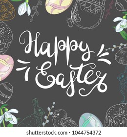 Easter background with traditional decorations. Easter greeting with colored eggs, festive cake, rabbit, etc. 