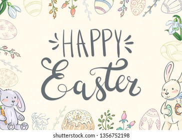 Easter background with traditional decorations. Easter greeting with colored eggs, festive cake, rabbit, etc. 