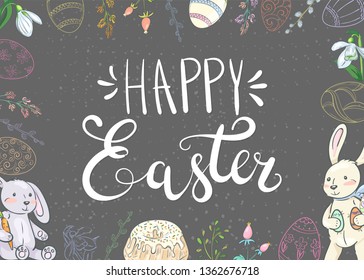 Easter background with traditional decorations. Easter greeting with colored eggs, festive cake, rabbit, etc.
