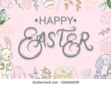Easter background with traditional decorations. Easter greeting with colored eggs, festive cake, rabbit, etc.