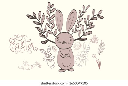 Easter background with traditional decorations. Easter greeting with colored bunny