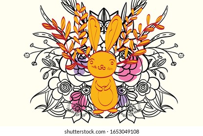 Fondo de Semana Santa con decoraciones tradicionales. Saludo de Pascua con conejito de colores