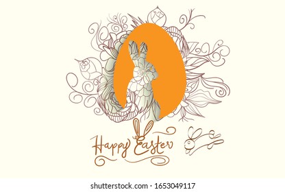 Easter background with traditional decorations. Easter greeting with colored bunny