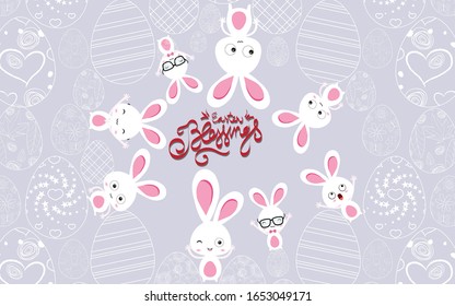 Easter background with traditional decorations. Easter greeting with colored eggs and bunny