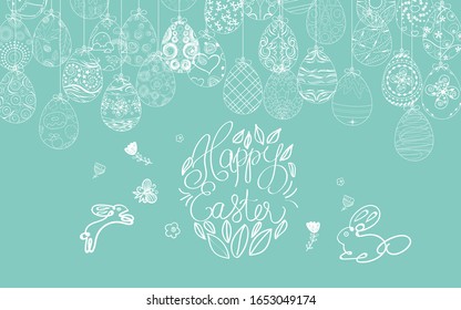 Easter background with traditional decorations. Easter greeting with colored eggs and bunny