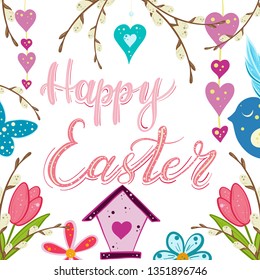 Easter background with traditional decorations. easter greetings, vector illustration