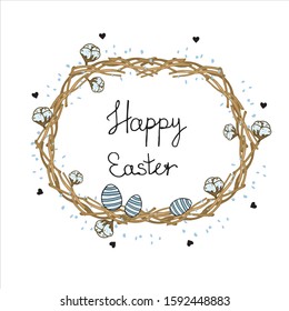 Easter background with traditional ornaments. Easter greeting with colored eggs, etc. Vector illustration.