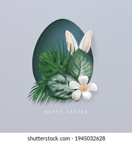 Easter background with tropical and palm leaves, Plumeria flower and bunny ears behind them in egg shape paper layout on a gray backdrop