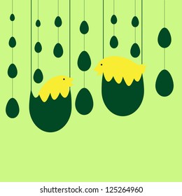 Easter background with two cute yellow chickens hanging in eggshell and egg garlands