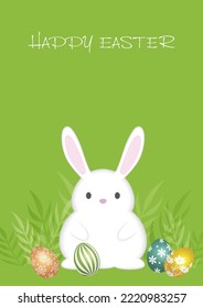 Easter Background Vector Illustration With An Easter Bunny, Colorful Eggs, And Text Space Isolated On A Green Background.
