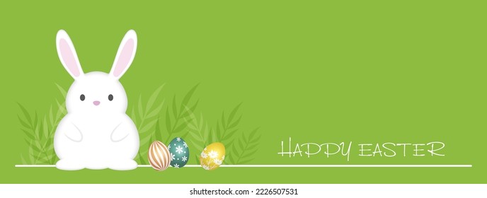 Easter Background Vector Illustration With An Easter Bunny, Colorful Eggs, And Text Space Isolated On A Green Background.