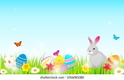 Easter background vector illustration, Colorful Easter eggs with cute rabbit on spring meadow background.