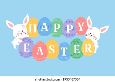 Easter background vector illustration, cute flat cartoon style. Baby rabbits with decorated eggs. Bunny holding ornated eggs with Happy Easter heading. White kitten muzzles and eggs