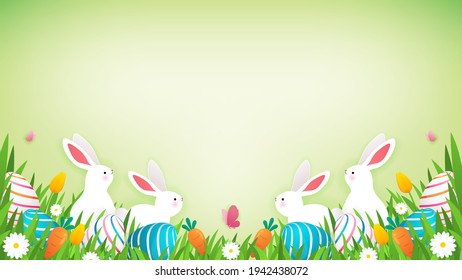 Easter Background vector illustration. Easter Eggs, white rabbits and carrots on spring flower meadows