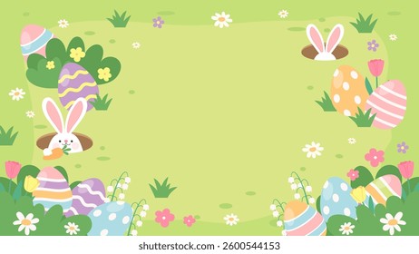 Easter background vector illustration. Easter eggs in spring field and bunny hiding in the rabbit hole