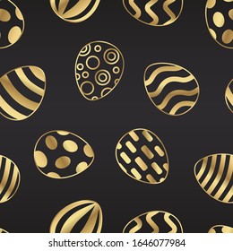 Easter background. Vector seamless pattern made of golden ornamental eggs on black background.