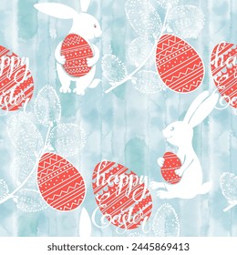 Easter background. Vector. Seamless pattern with Easter eggs , cute rabbits and willow branch  on blue watercolor.  Perfect for design templates, wallpaper, wrapping, fabric and textile, print.