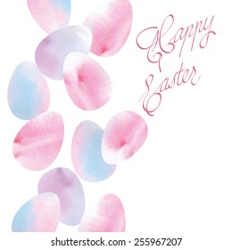 Easter background with watercolor eggs  on white background, vector illustration