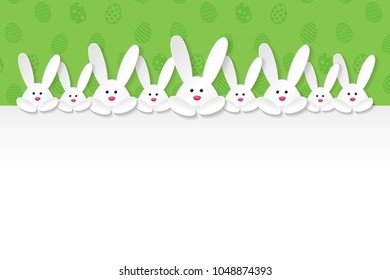 Easter background with white bunnies holding a card with copyspace. Vector.