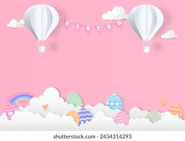 Easter background. White hot air balloon with flag and easter eggs on a cloud. Paper art style.