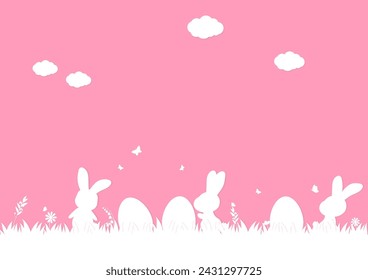 Easter background. White paper rabbits and easter eggs with butterflies, grass, and clouds on a pink background. Paper art style.