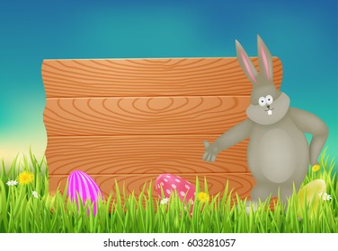 Easter background with wooden board and a rabbit.Vector illustration.