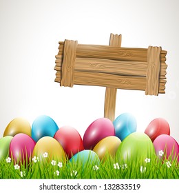 Easter background with wooden sign