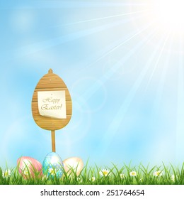 Easter background with wooden sign and eggs, illustration.